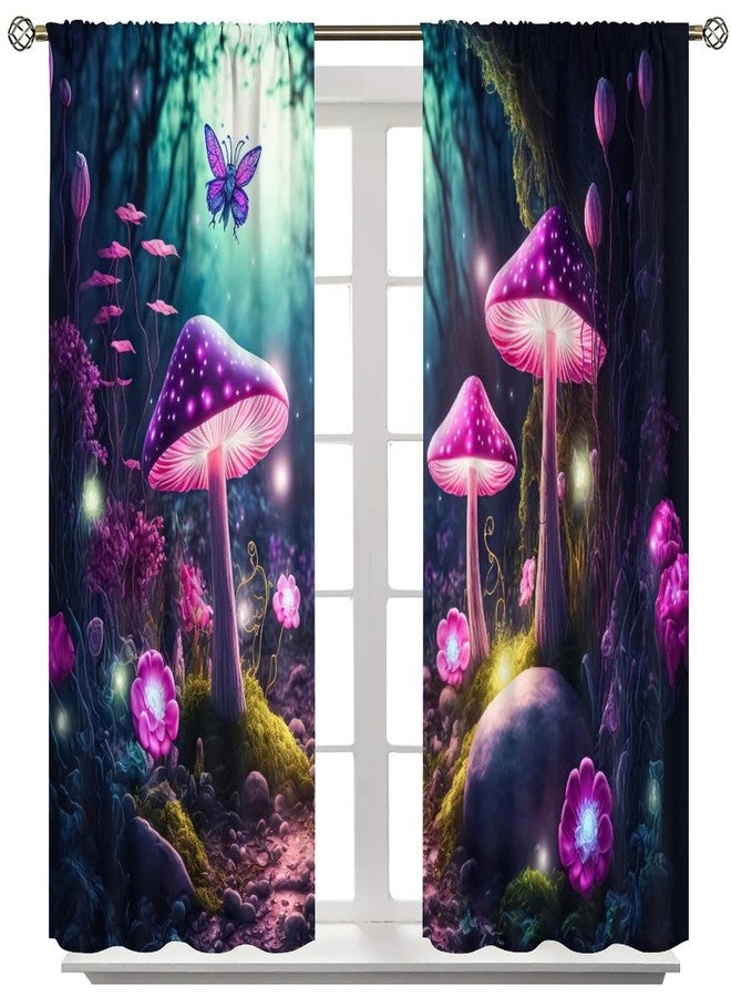 LOMADIA Mushroom Blackout Curtain, Retro Abstract Purple Cartoon Style Flower Butterfly Mushroom Home Decor Windows Rod Pocket Curtain for Bedroom Living Room Kitchen Cafe Office Drapes 42x54in - Image 5